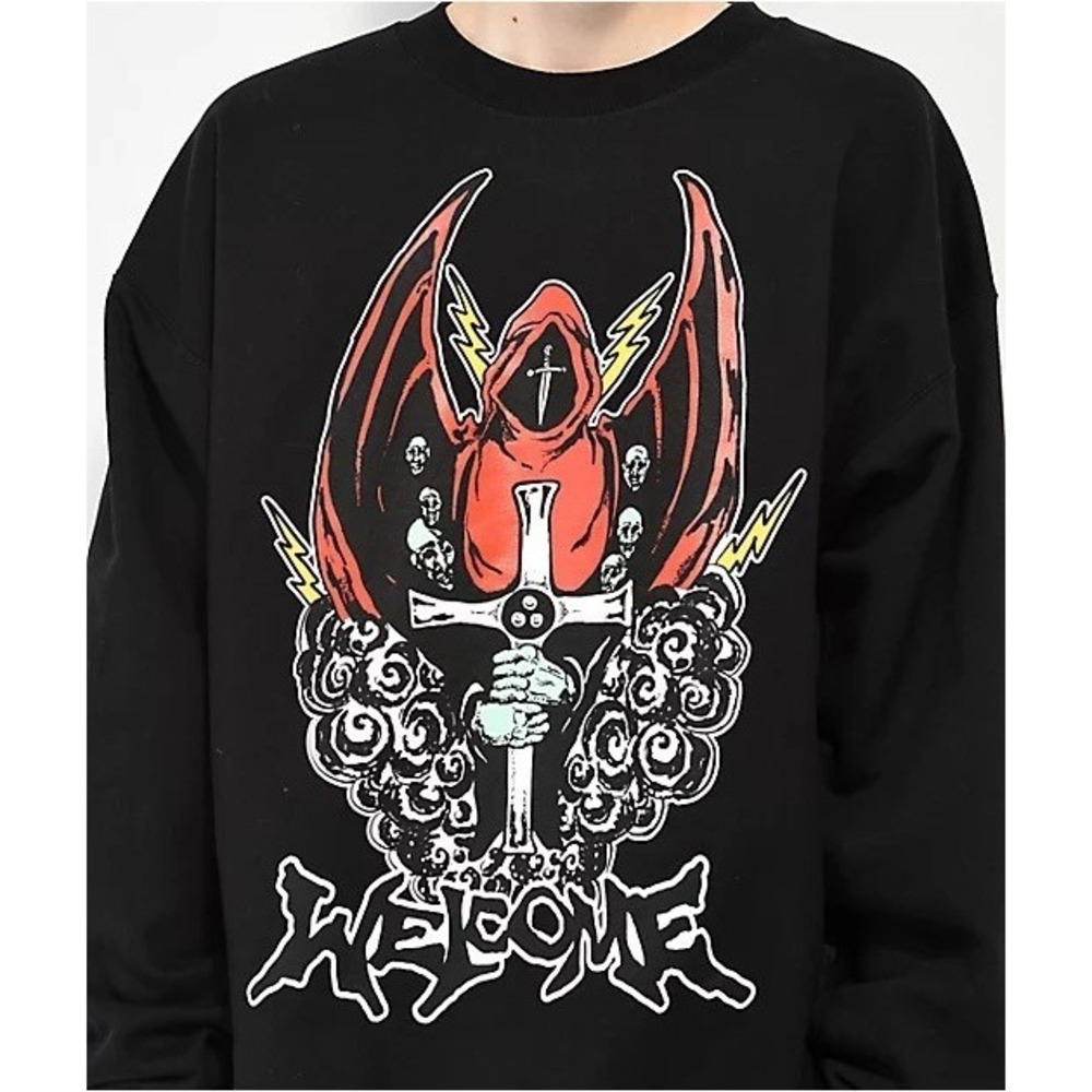 Welcome Skateboards Knight Black Crewneck Sweatshirt Size M Gothic Angel Graphic